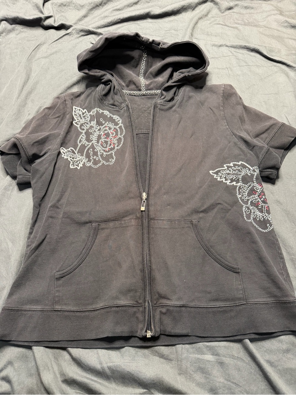Black Short-Sleeve Zip Hoodie with Floral Embellishment
